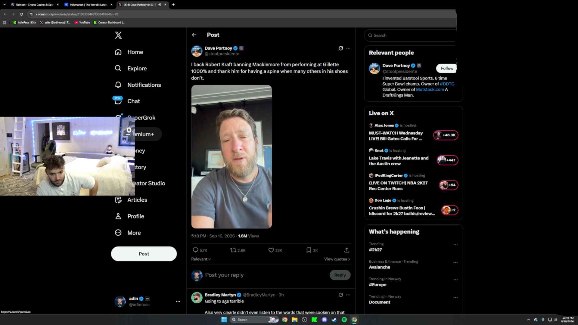 Kick streamer Adin Ross explains why he thinks 9/11 was an "inside job" (Image via Kick/AdinRoss)