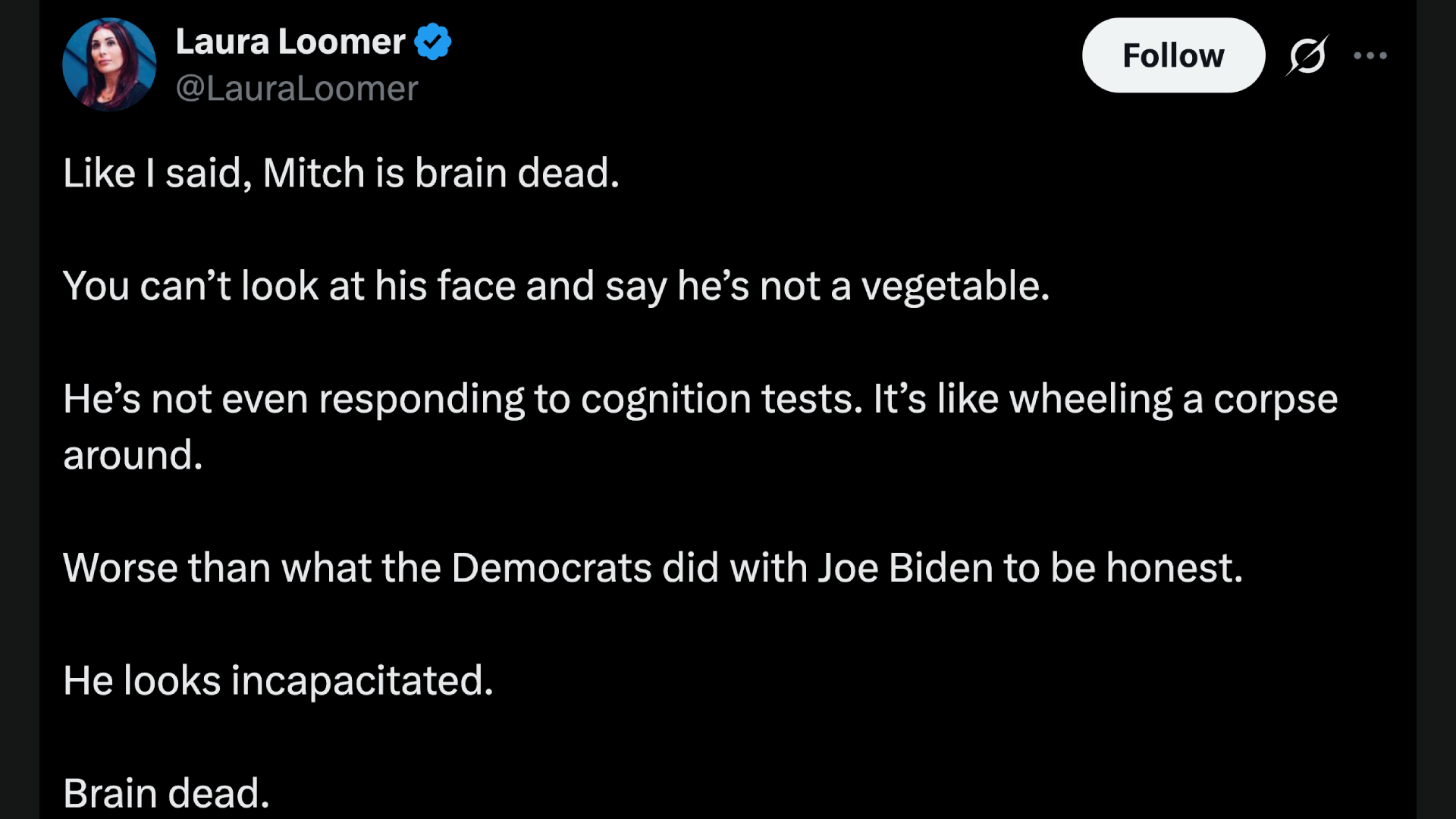 Laura Loomer's X post in which she wrote that "Mitch is brain dead" (Image via X/@LauraLoomer)