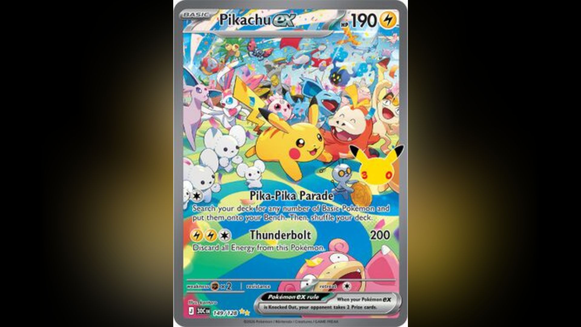 Pikachu ex Day variant Special Illustration Rare from the Pokemon TCG 30th Celebration set (Image via The Pokemon Company)
