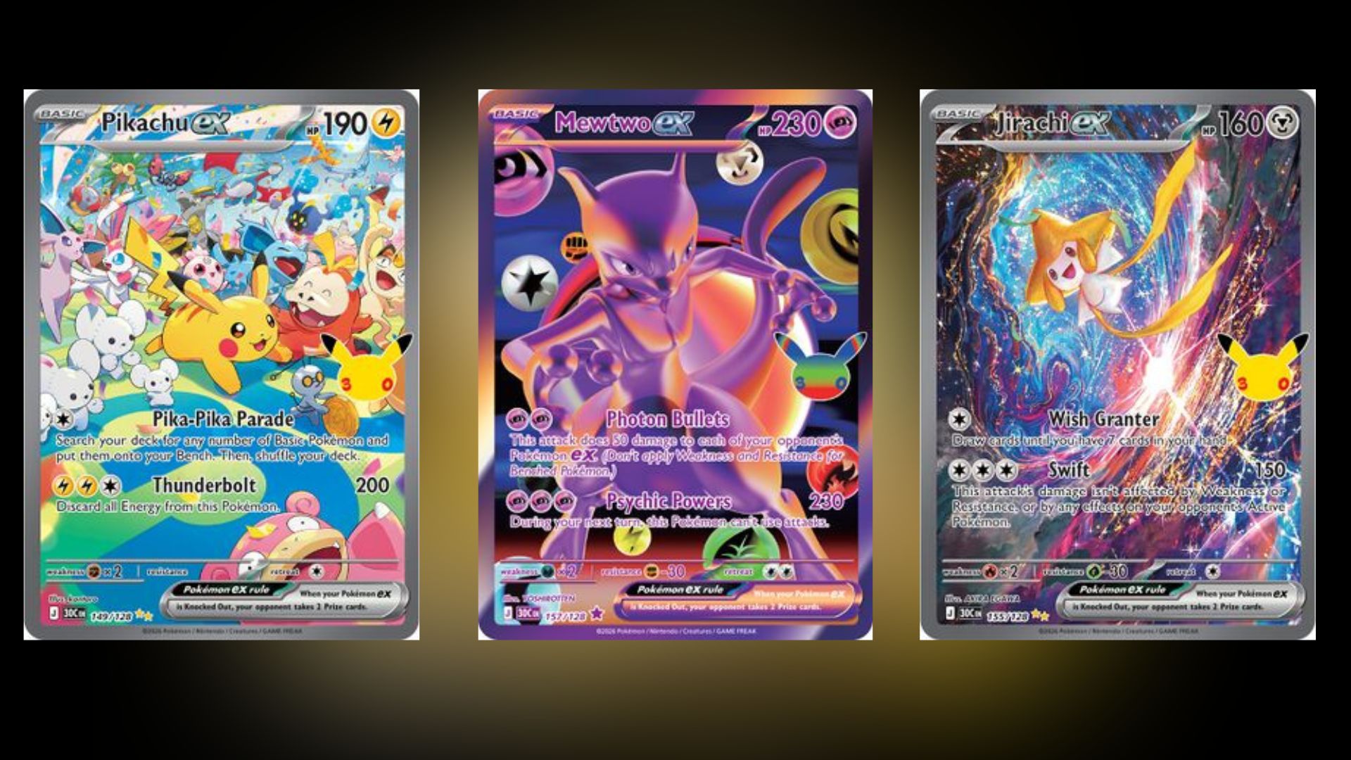 Pikachu ex, Mewtwo ex, and Jirachi ex (Image via The Pokemon Company)