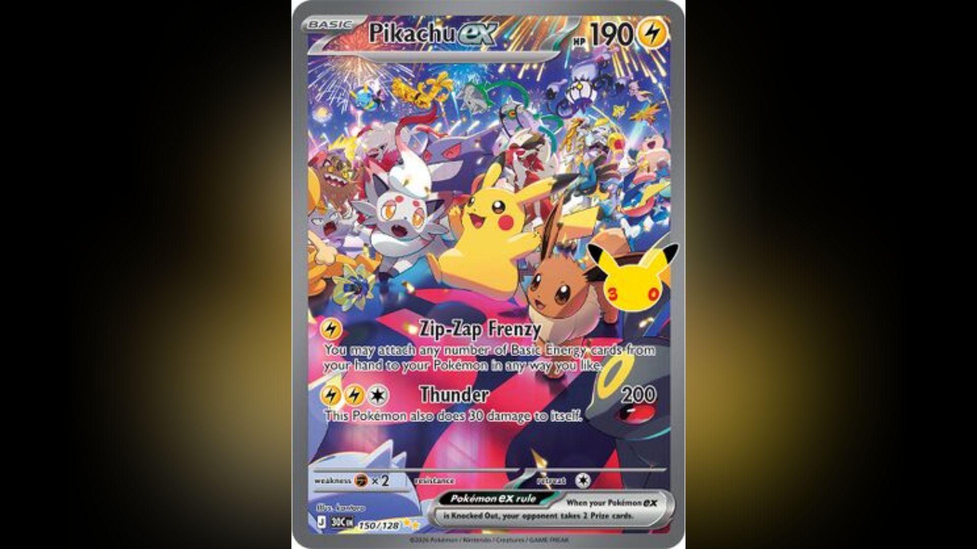 Pikachu ex Night variant Special Illustration Rare from the Pokemon TCG 30th Celebration set (Image via The Pokemon Company)