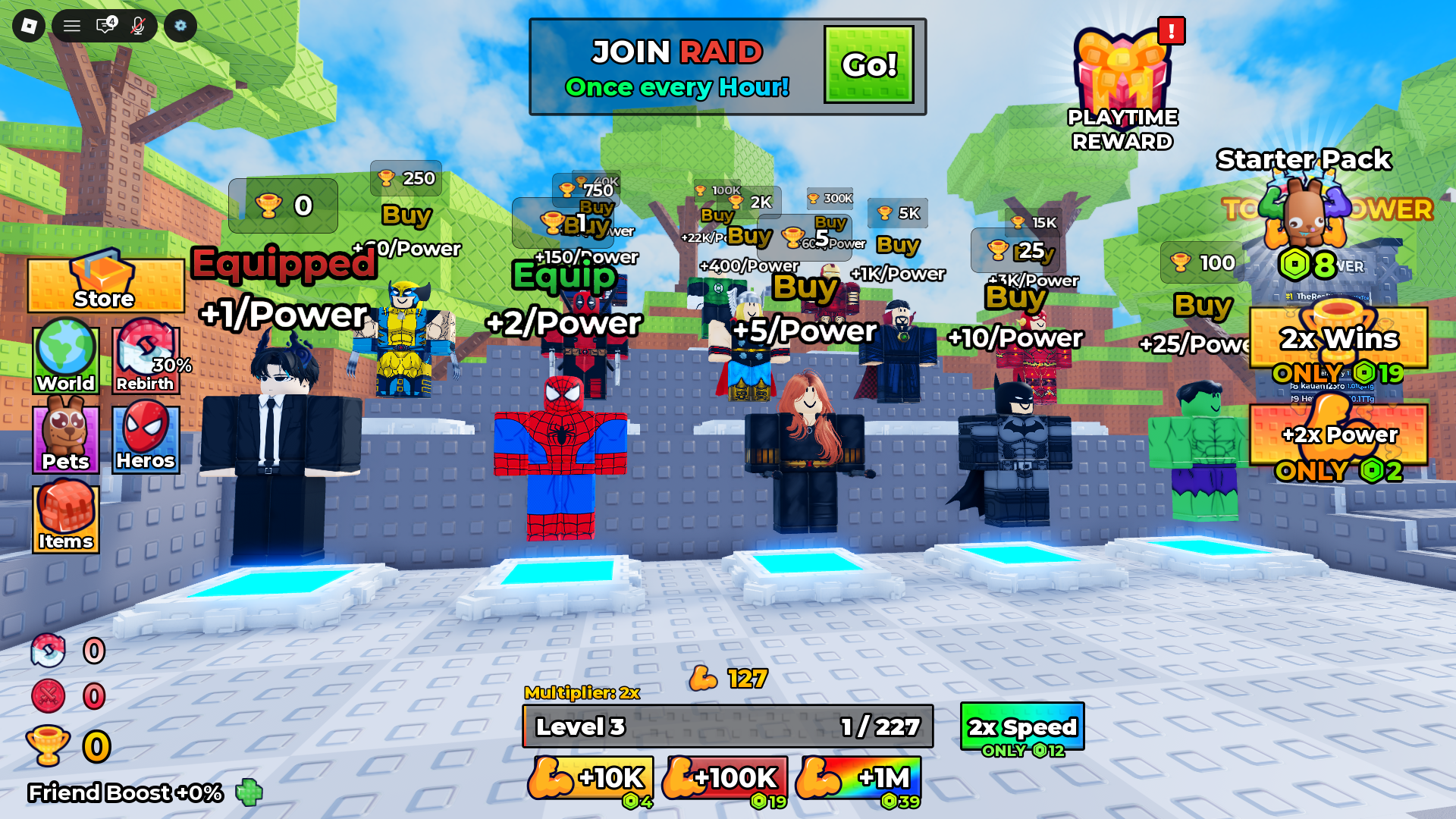 All World 1 Heroes in +1 Superhero Evolution (Image via Roblox Corporation)
