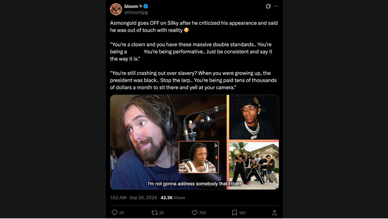 X user @bloomjpg shared a six-minute-50-second video from Asmongold and Silky's livestreams (Image via X/@bloomjpg)