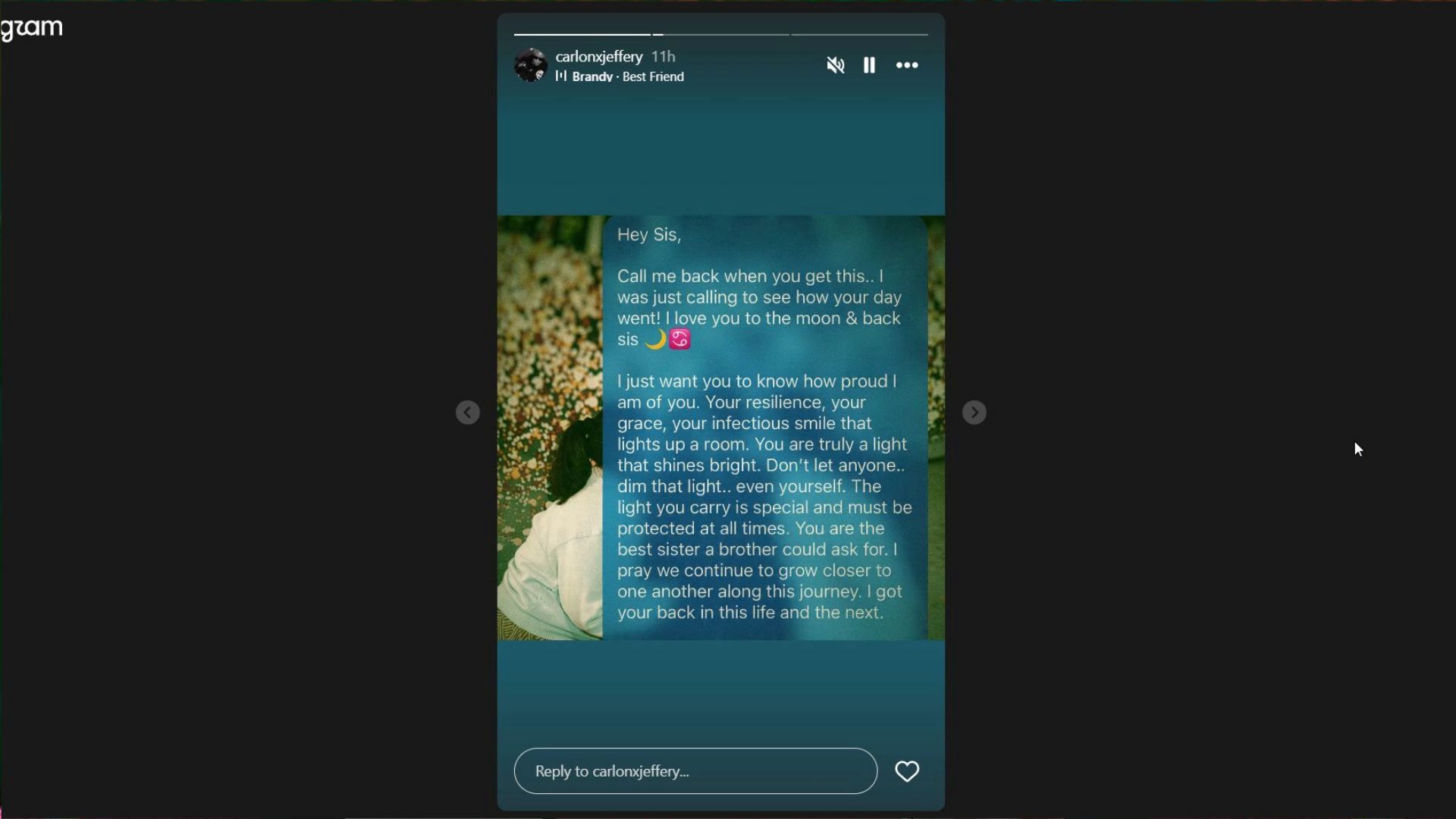 A screenshot of Carlon's last text message to Carla Jeffery (Image via Instagram/carlonxjeffery)