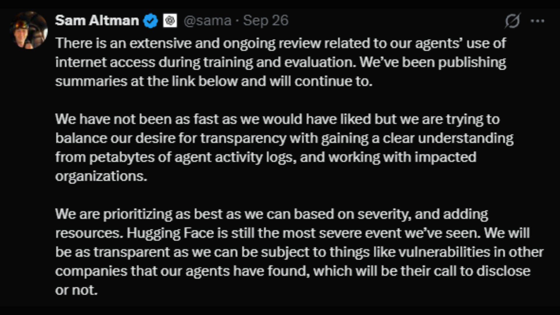 Sam Altman opens up about the AI agents breach (Image via X/@sama)