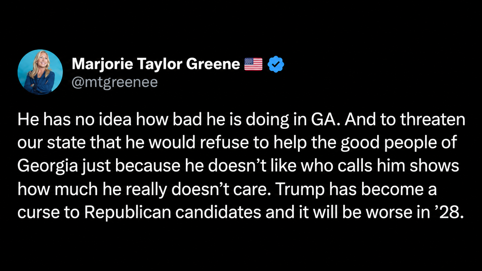 Marjorie Taylor Greene posted her response after Trump's rally remarks about Mike Collins (Image via X/@mtgreenee)