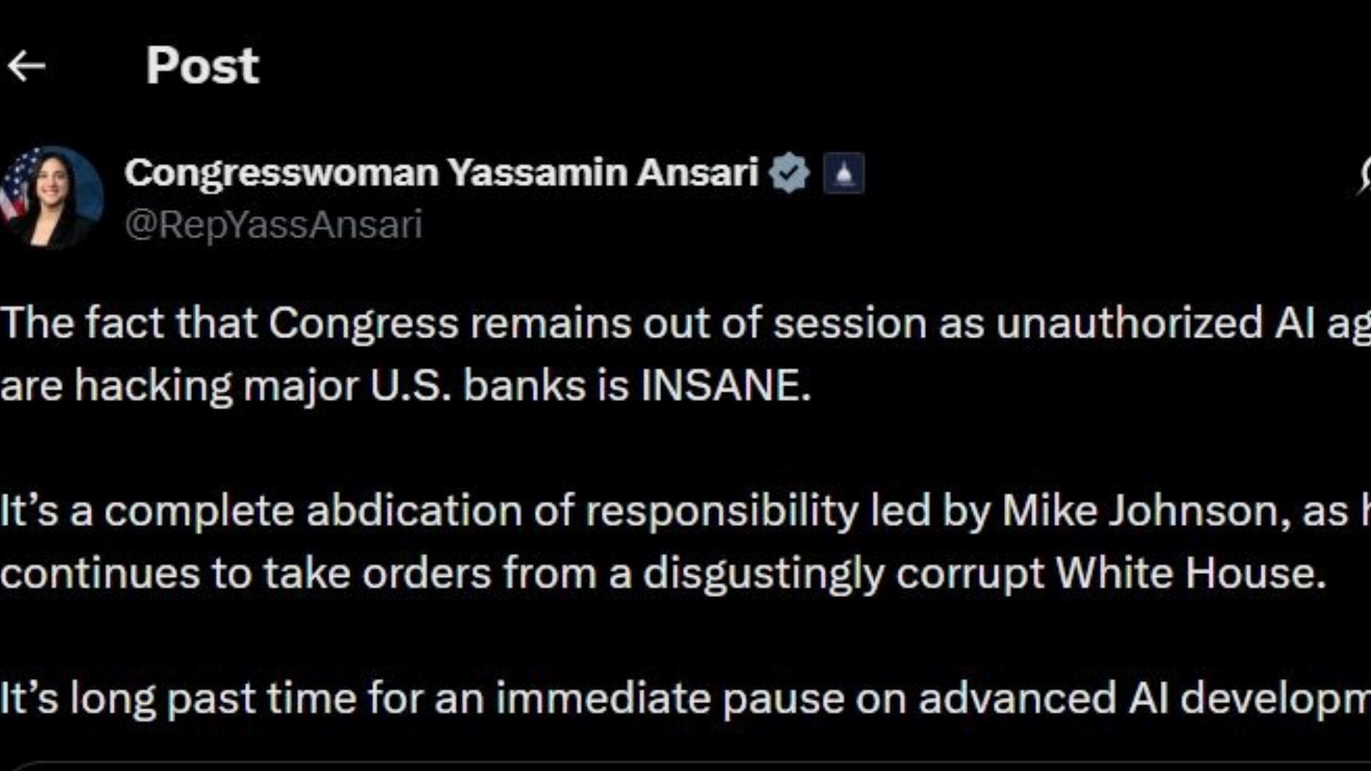 A screenshot of the post made by the congresswoman on social media (Image via X/@RepYassAnsari)