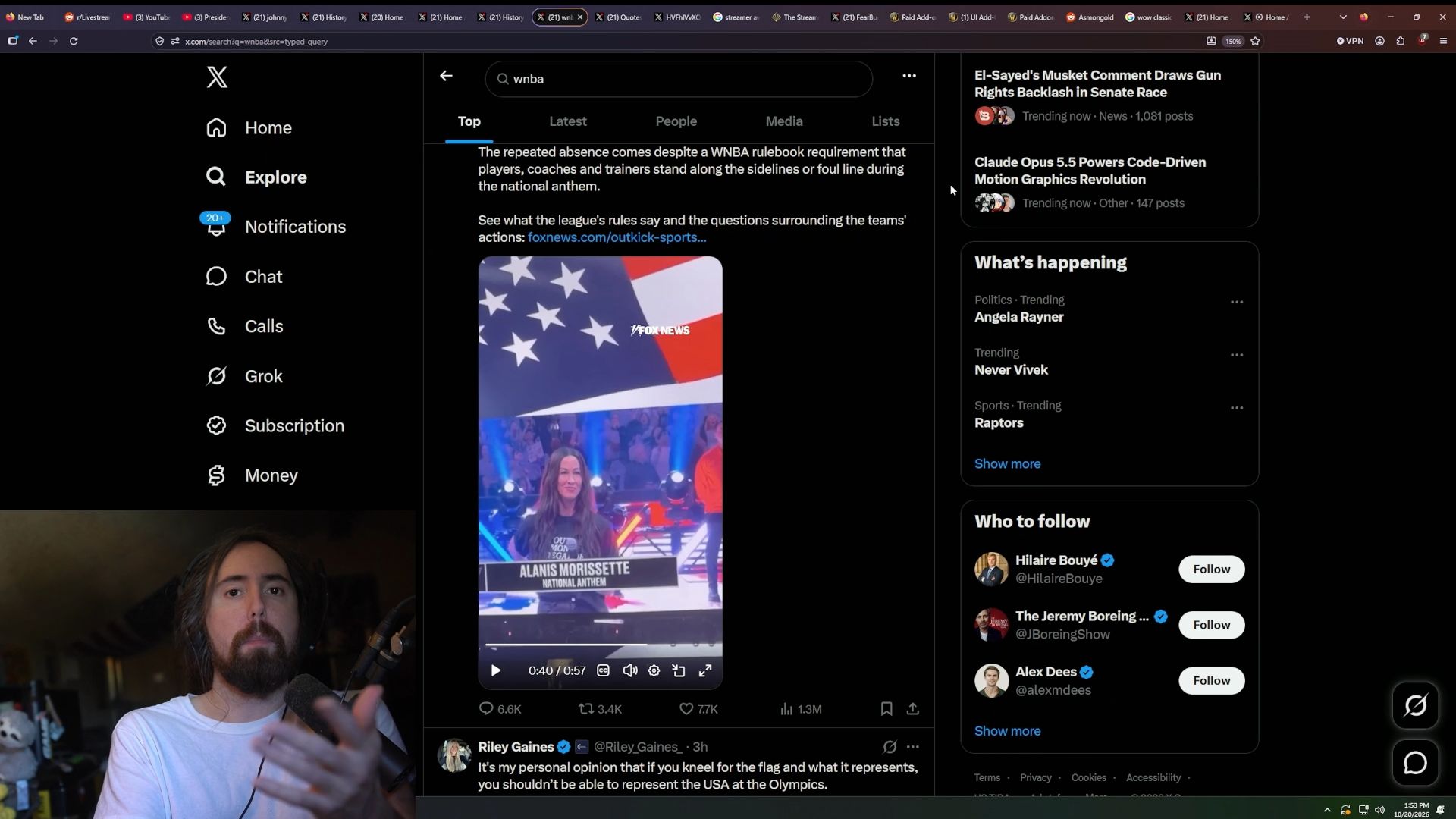 The streamer reacts to people not standing up for the national anthem (Image via Kick/asmongold)