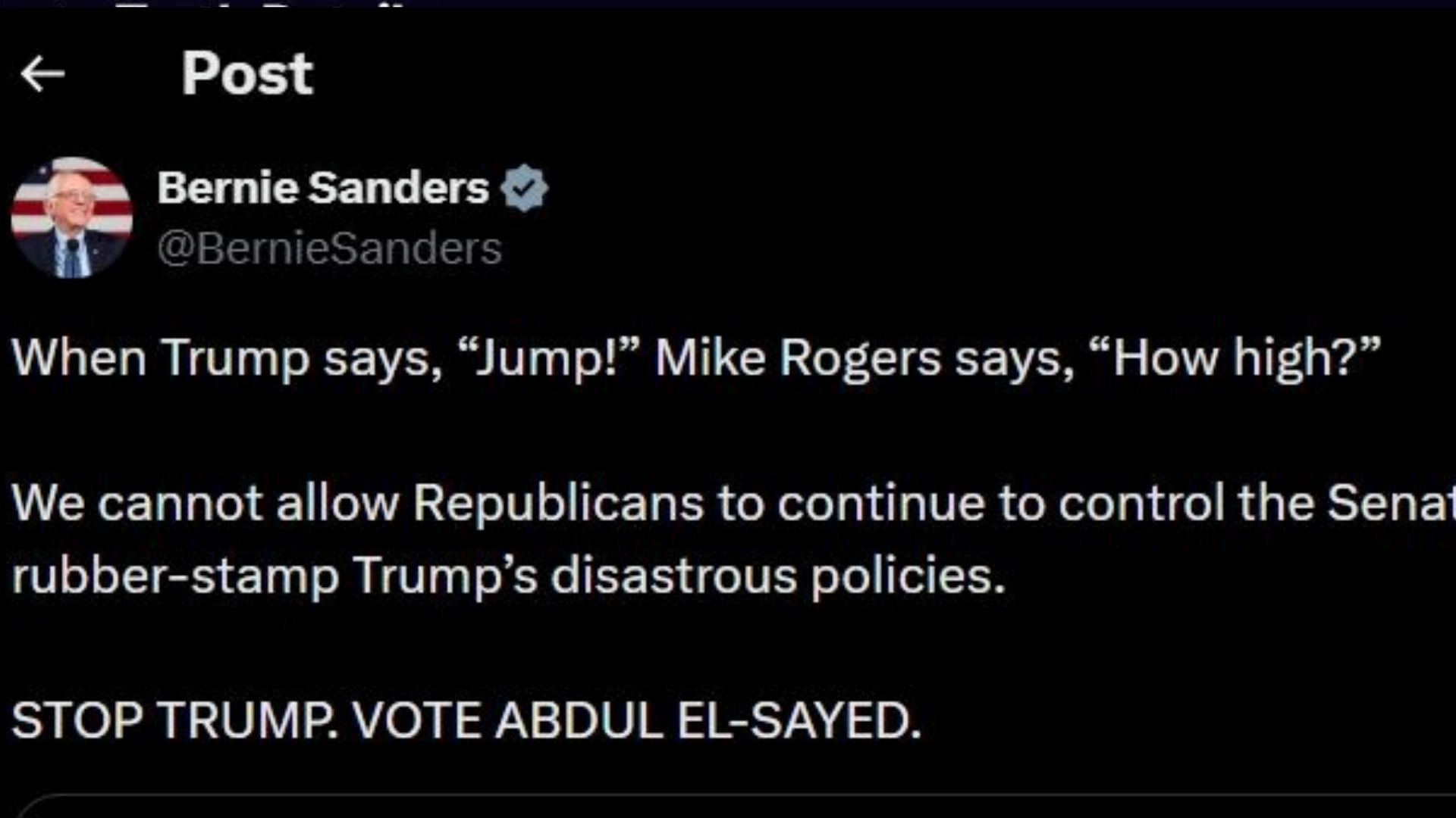 A screenshot of the senator's post on X (Image via X/@BernieSanders)