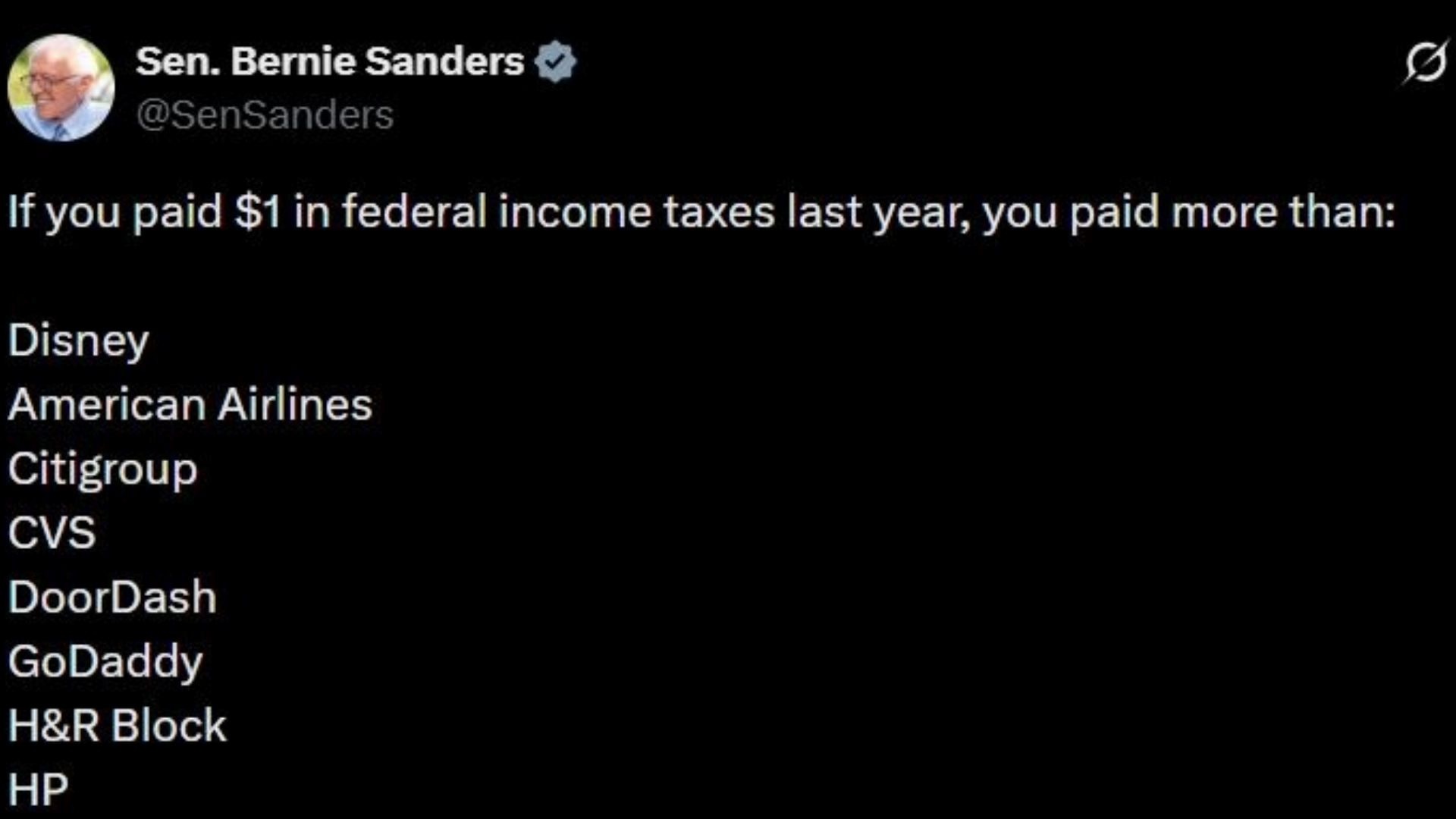 A screenshot of the senator's post on X (Image via X/@SenSanders)