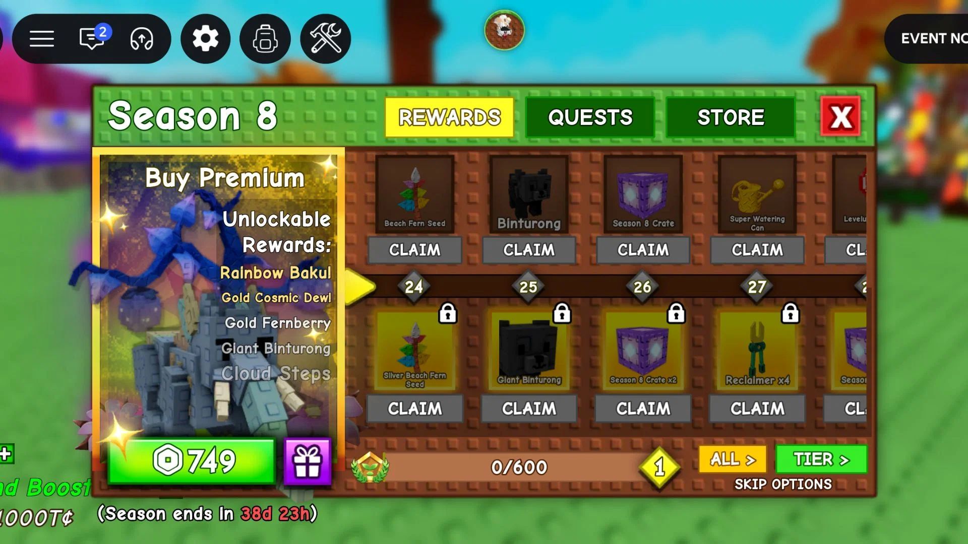 Keep an eye out for any available quests and grind through the Season 8 Season Pass (Image via Roblox Corporation)