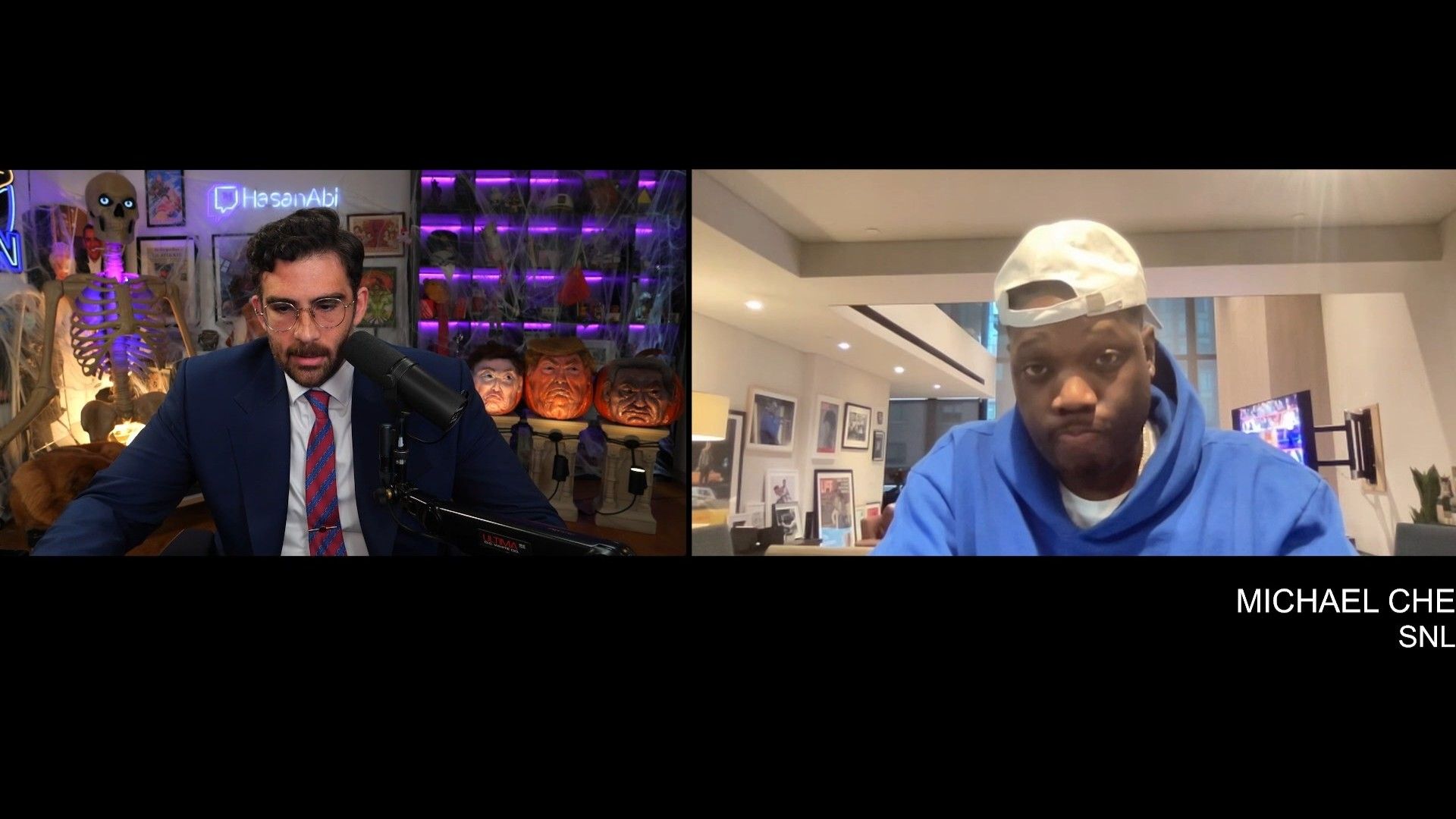 A screenshot of the interactions between Michael Che and Hasan Piker (Image via Twitch/HasanAbi)