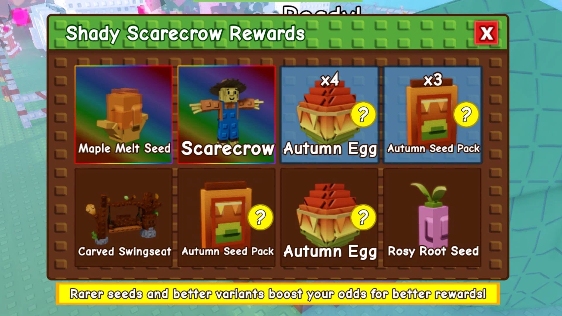 Save enough seeds and feed the Shady Scarecrow to get this Prismatic crop (Image via Roblox Corporation)