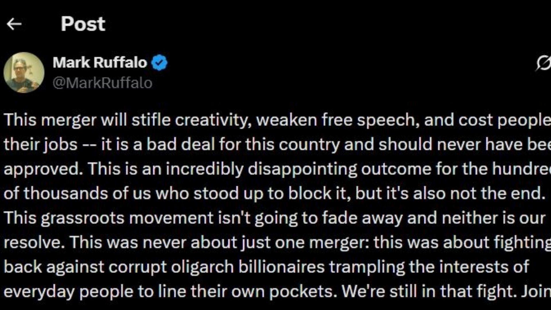 A screenshot of Mark Ruffalo's post on X (Image via X/@MarkRuffalo)