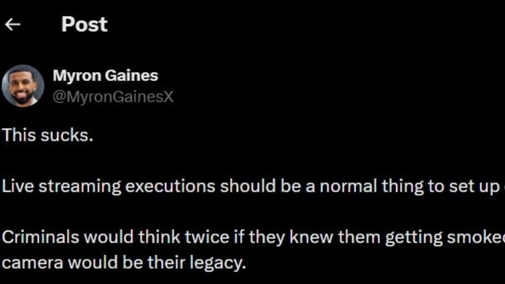 A screenshot of the post made by Myron Gaines on X (X/@MyronGainesX)