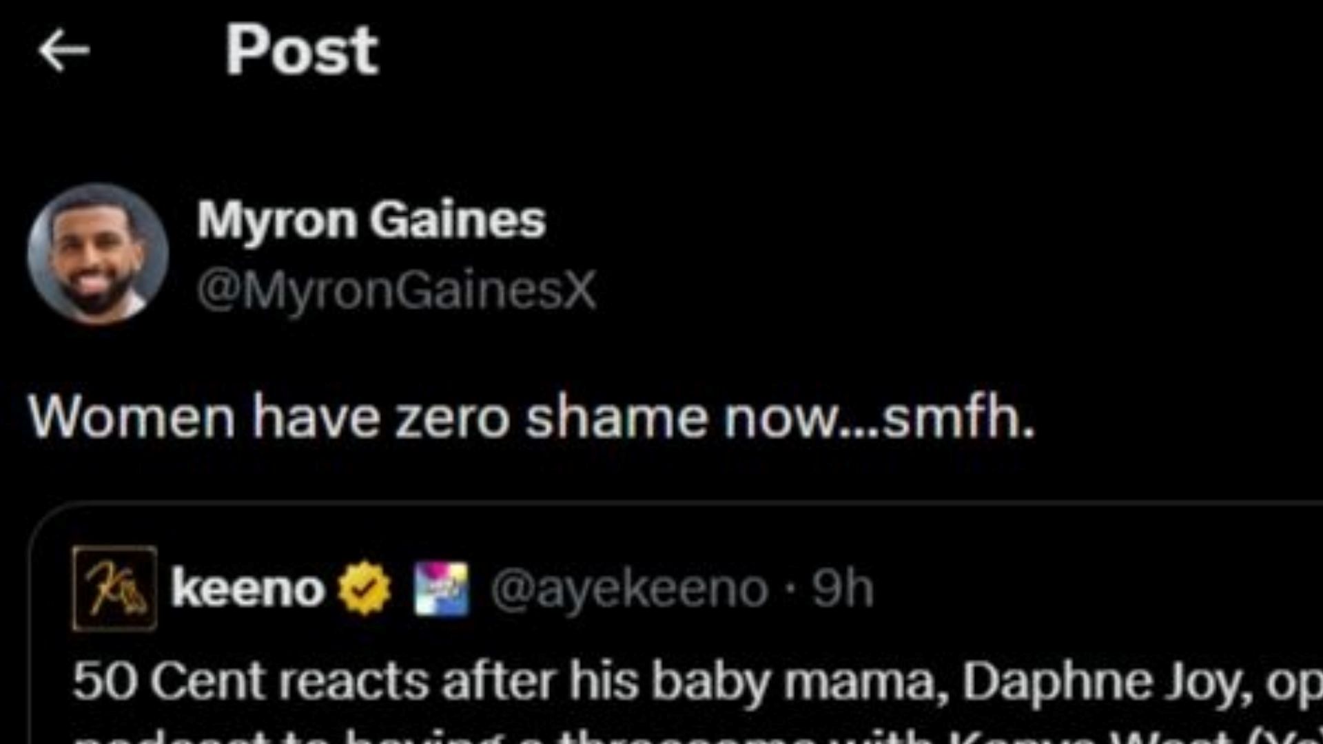A screenshot of Myron Gaines'post on X (Image via X/@MyronGainesX)