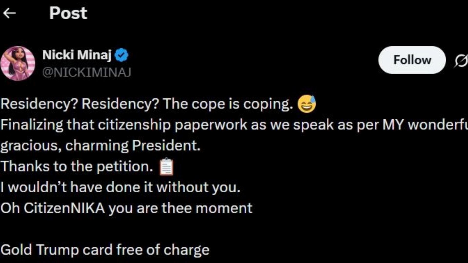 A screenshot of the artist's post on X (Image via X/@NICKIMINAJ)