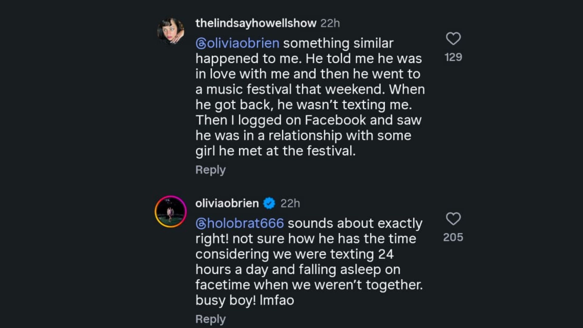 Olivia O'Brien claims she and Davidson used to text 24 hours a day (Image via Instagram/@rachelissan)