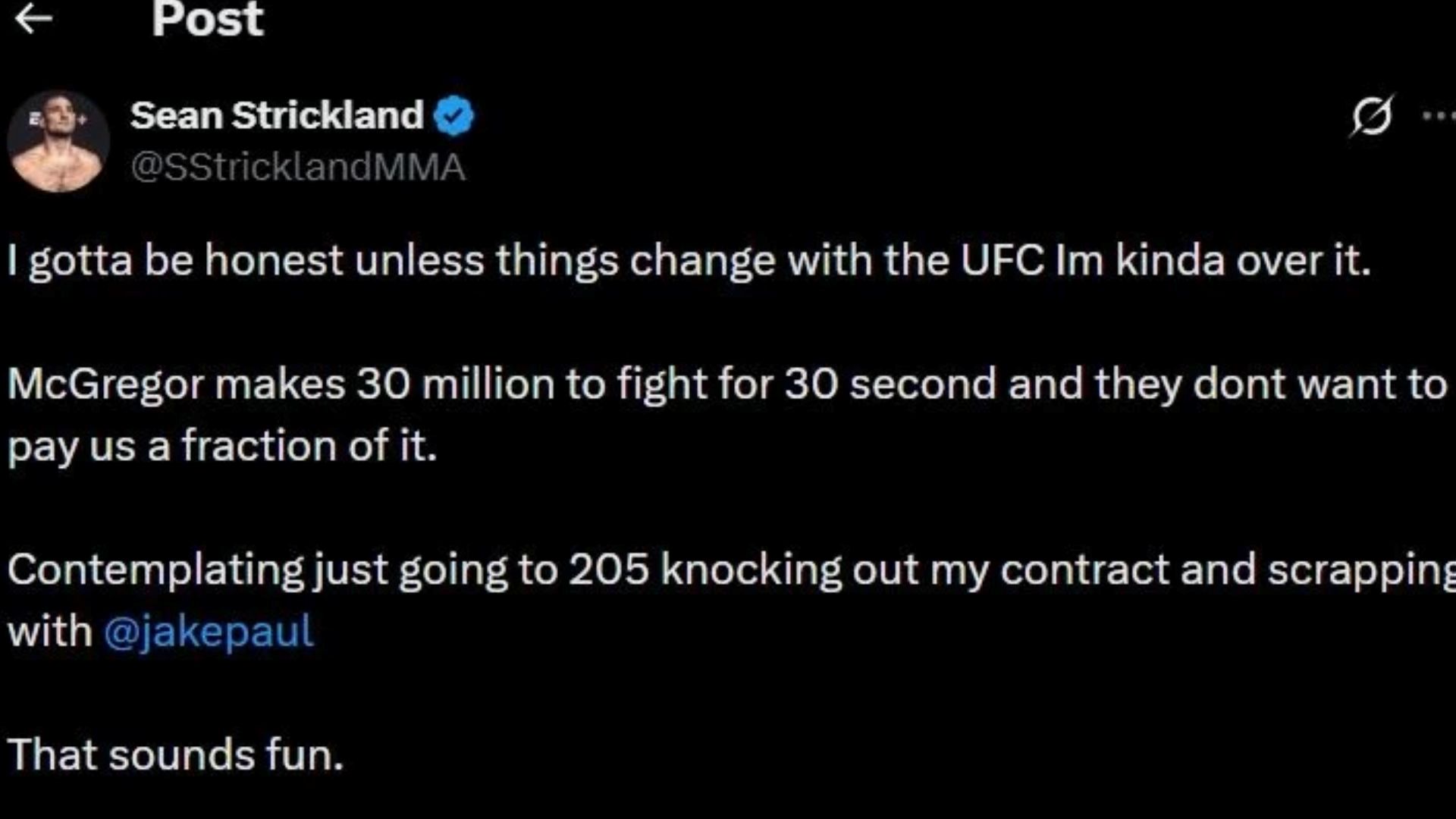 A screenshot of the post made by Sean Strickland on X (Image via X/@SStricklandMMA)