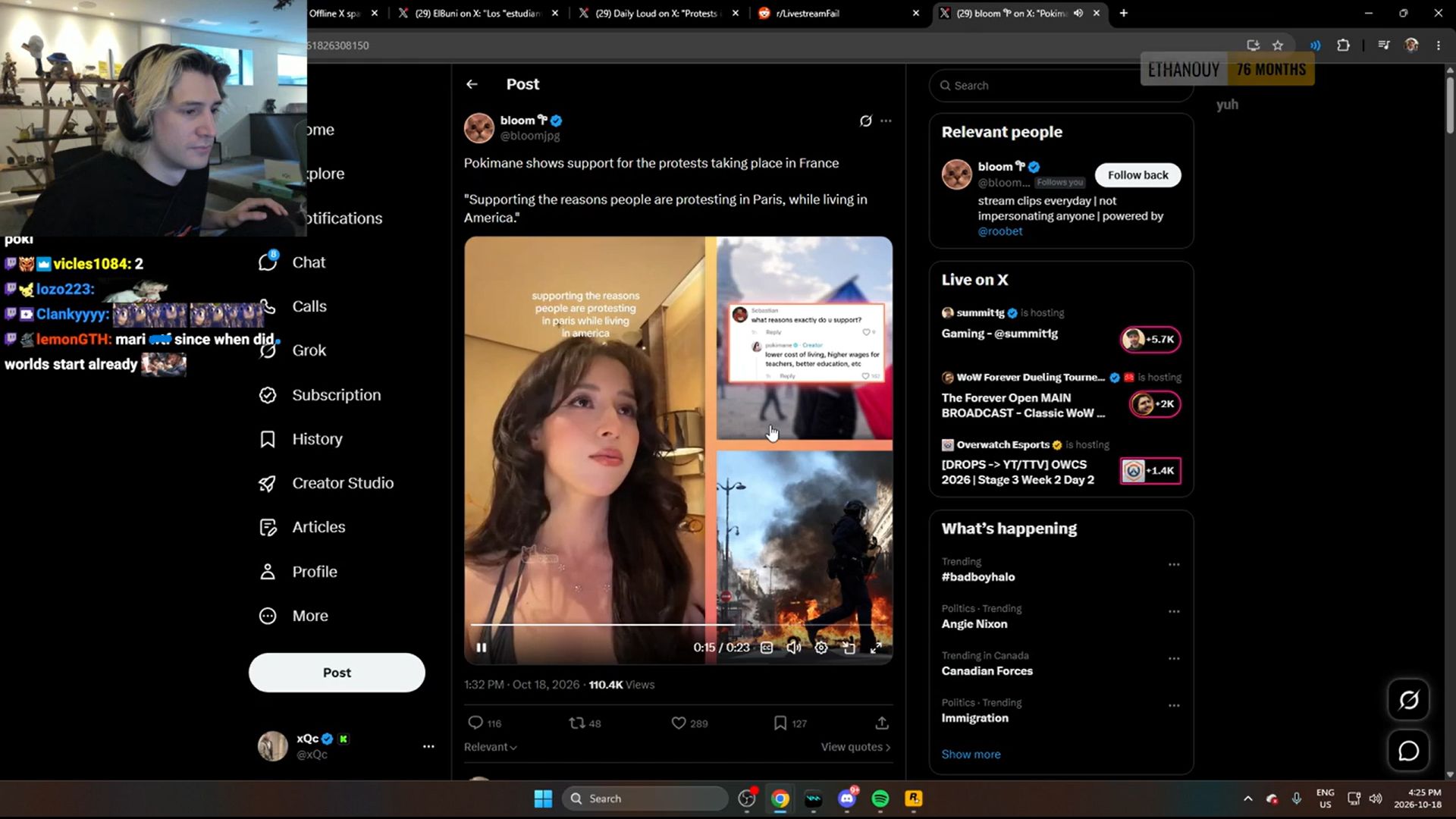 The streamer watching Pokimane's TikTok (Image via Kick/xQc)