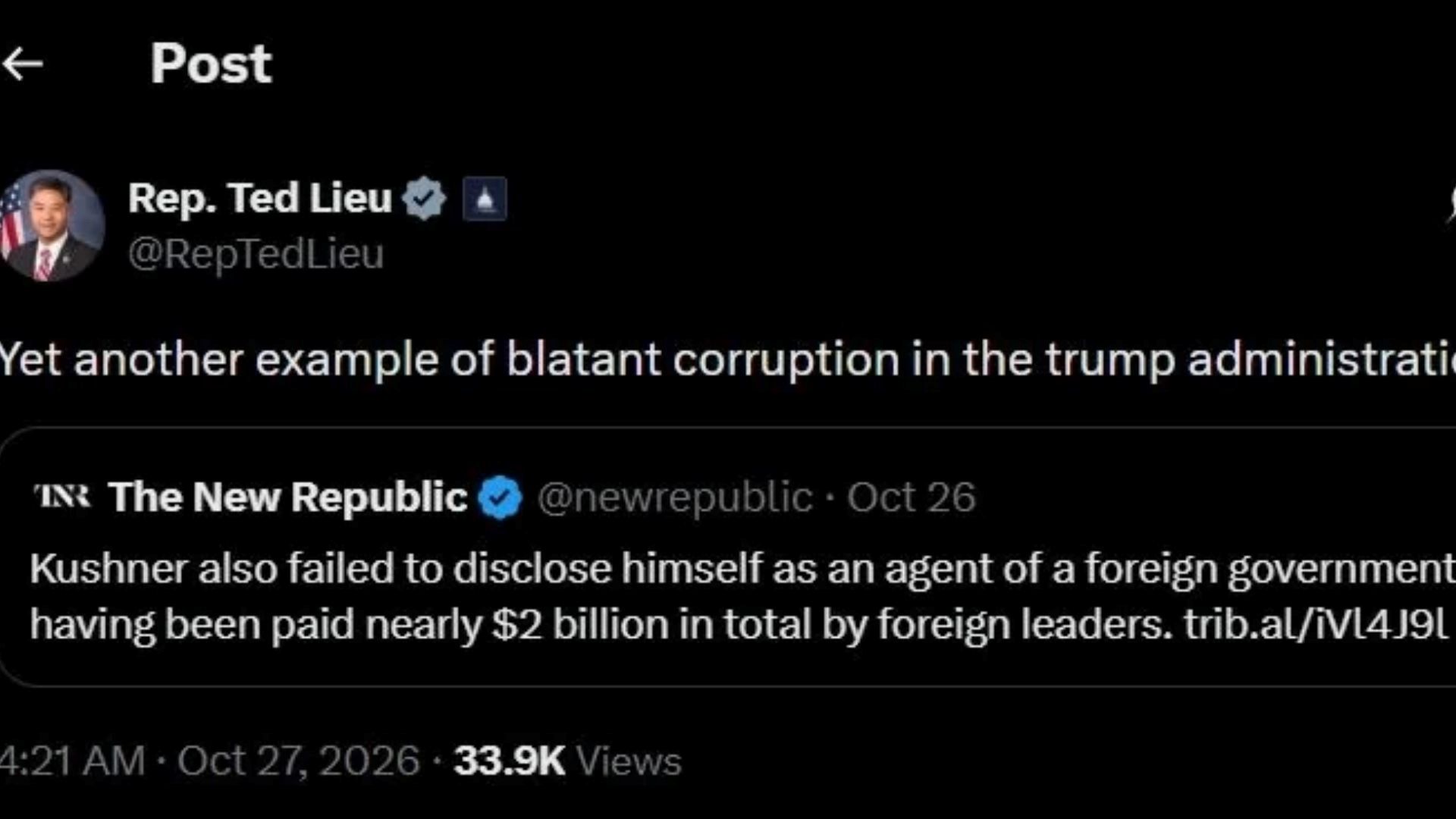 A screenshot of the post made by the representative on social media (Image via X/@RepTedLieu)