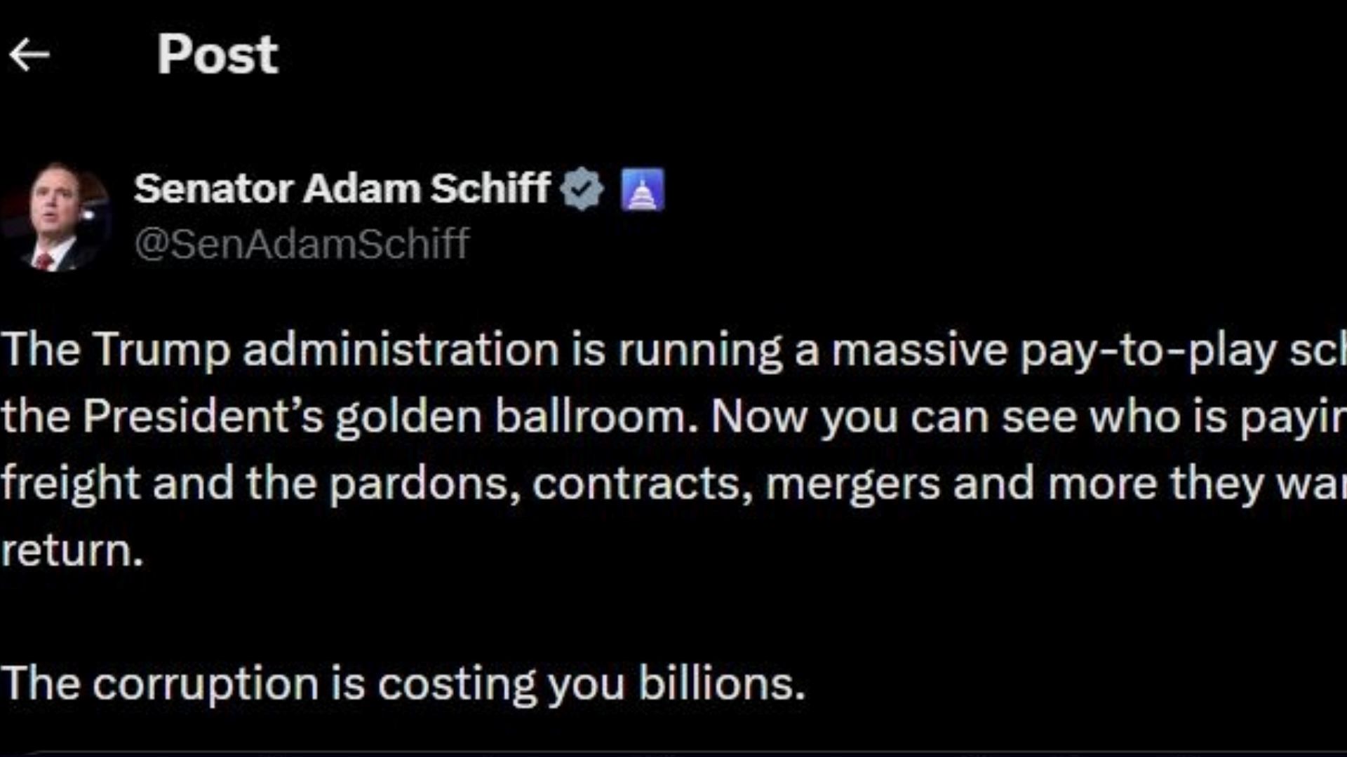 A screenshot of Adam Schiff's post on X (Image via X/SenAdamSchiff)
